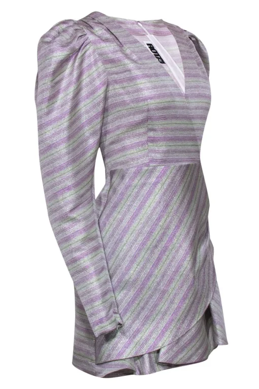 ROTATE Birger Christensen - Purple & Green Metallic Puffed Sleeve Dress Sz 6