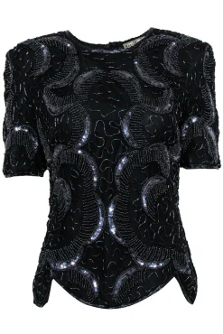Royal Feelings - Vintage Black Beaded & Sequin Silk Blouse w/ Petaled Hem Sz S