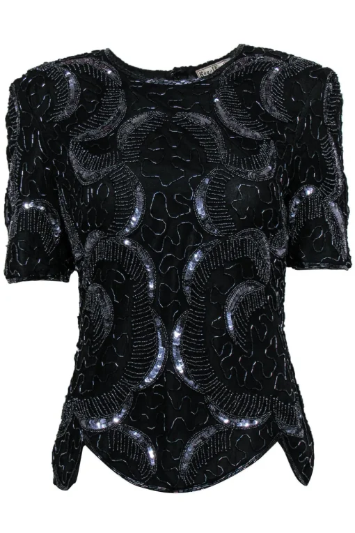 Royal Feelings - Vintage Black Beaded & Sequin Silk Blouse w/ Petaled Hem Sz S