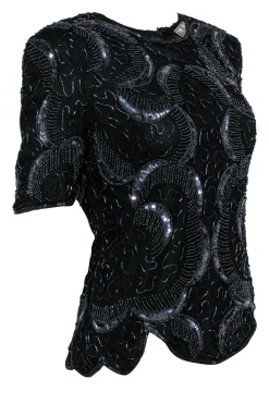 Royal Feelings - Vintage Black Beaded & Sequin Silk Blouse w/ Petaled Hem Sz S