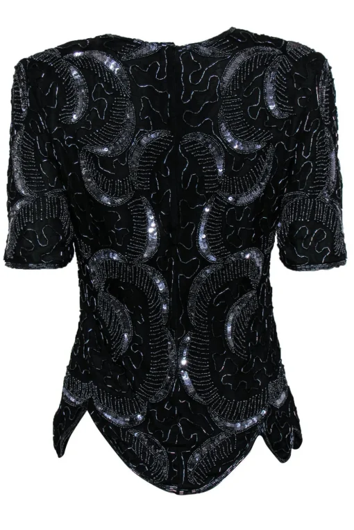 Royal Feelings - Vintage Black Beaded & Sequin Silk Blouse w/ Petaled Hem Sz S