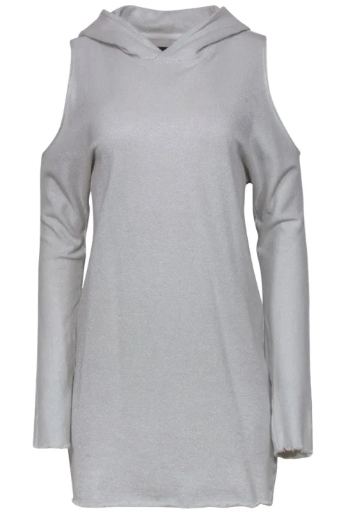 RtA - Cream Glitter Cold Shoulder Hooded Dress w/ Frayed Edges Sz XS