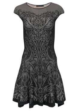 RVN - Black & Beige Lace Print Knit Drop Waist Dress Sz S