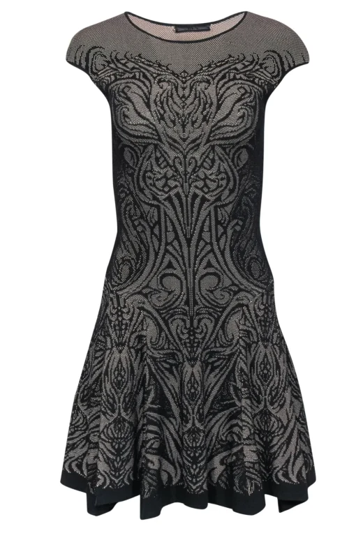RVN - Black & Beige Lace Print Knit Drop Waist Dress Sz S