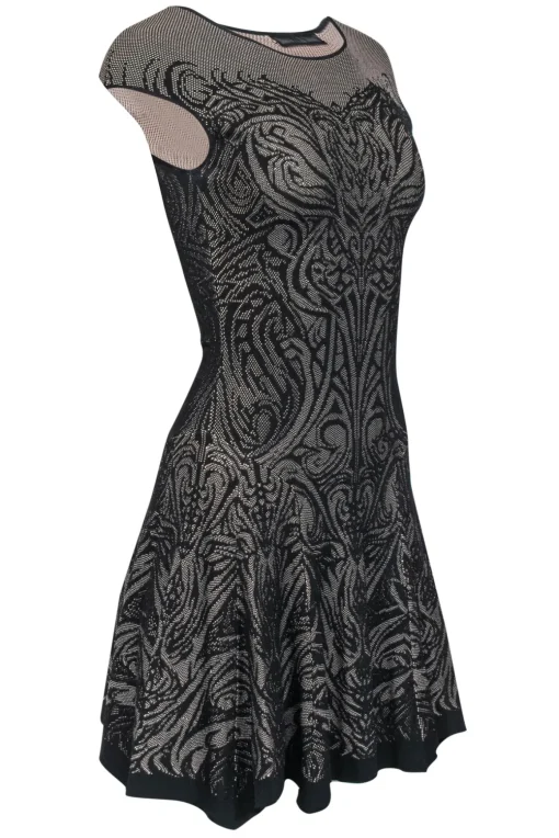 RVN - Black & Beige Lace Print Knit Drop Waist Dress Sz S