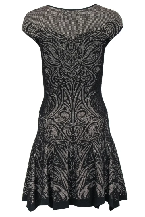 RVN - Black & Beige Lace Print Knit Drop Waist Dress Sz S