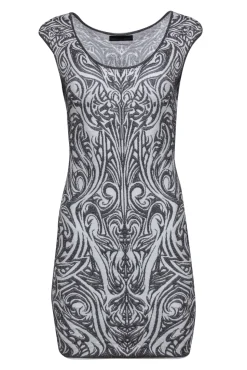 RVN - Silver & White Scrolled Textured Knit Bodycon Dress Sz S