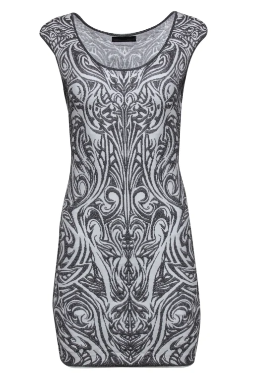 RVN - Silver & White Scrolled Textured Knit Bodycon Dress Sz S