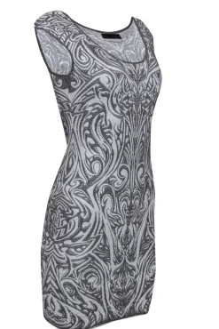 RVN - Silver & White Scrolled Textured Knit Bodycon Dress Sz S