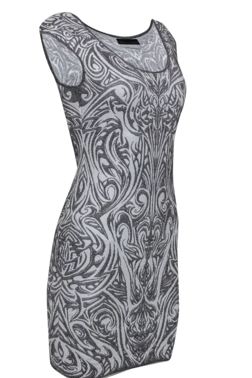 RVN - Silver & White Scrolled Textured Knit Bodycon Dress Sz S