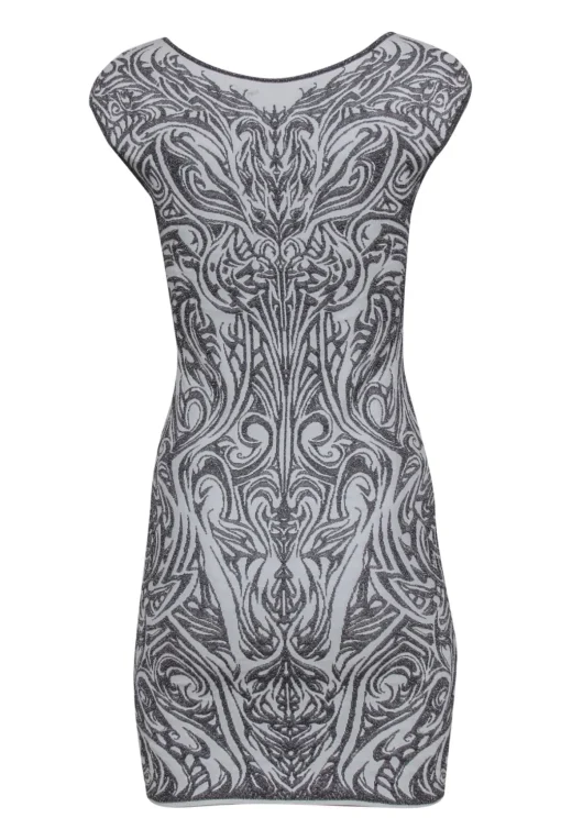 RVN - Silver & White Scrolled Textured Knit Bodycon Dress Sz S