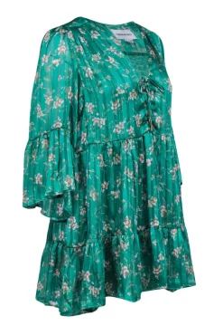 Sabina Musayev - Green & Floral Print Tiered Ruffle Mini Dress Sz S