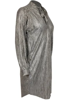 Sabina Musayev - Grey & Gold Metallic Long Sleeve Neck Tie Dress Sz XSP