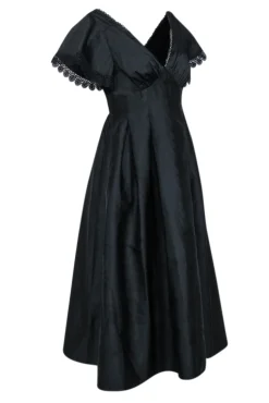 Sachin & Babi - Black Moire Taffeta Midi Dress w/ Eyelet Lace Trim Sz 6