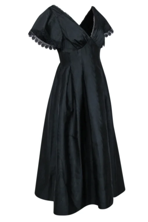 Sachin & Babi - Black Moire Taffeta Midi Dress w/ Eyelet Lace Trim Sz 6