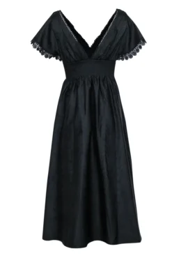 Sachin & Babi - Black Moire Taffeta Midi Dress w/ Eyelet Lace Trim Sz 6