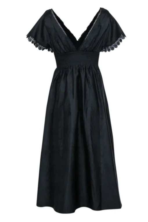 Sachin & Babi - Black Moire Taffeta Midi Dress w/ Eyelet Lace Trim Sz 6