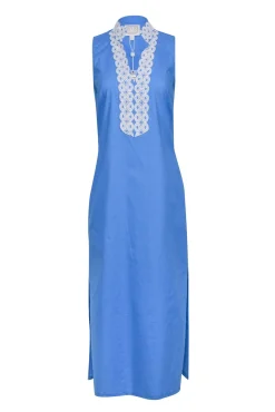 Sail to Sable - Blue w/ White Eyelet Trim Sleeveless Maxi Dress Sz S