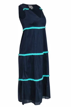 Sail to Sable - Navy Sleeveless Cotton Maxi Dress w/ Turquoise Fringe Sz XS