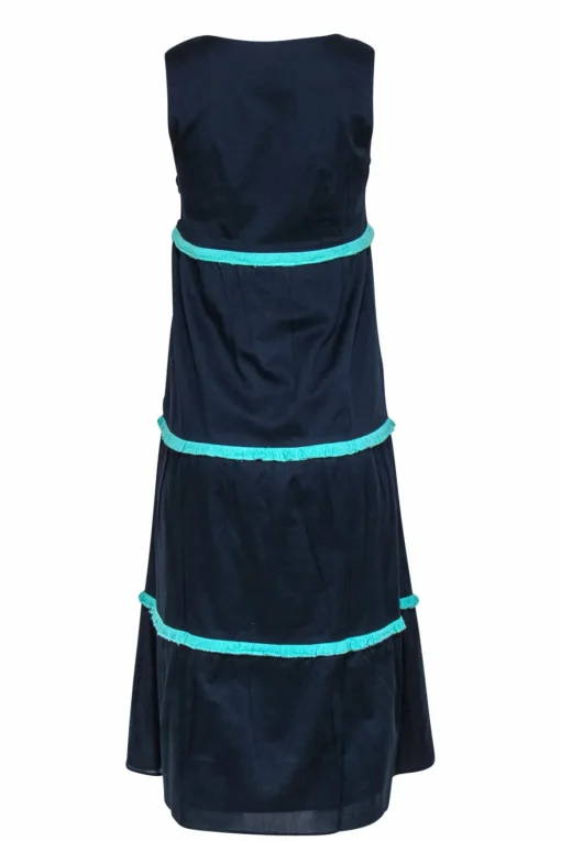 Sail to Sable - Navy Sleeveless Cotton Maxi Dress w/ Turquoise Fringe Sz XS