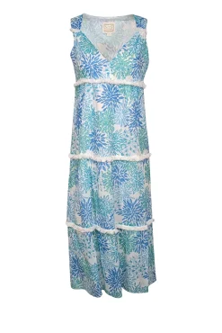 Sail to Sable - White w/ Blue & Turquoise Coral Print Fringe Trim Dress Sz XS