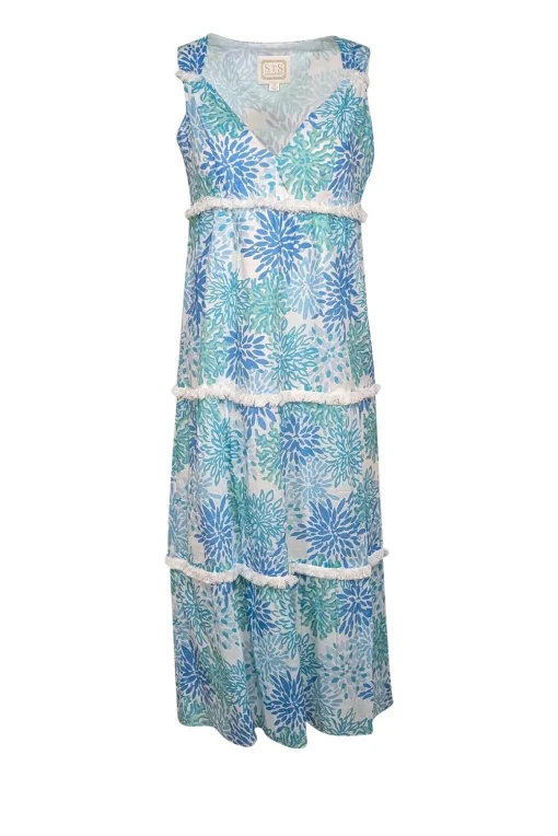 Sail to Sable - White w/ Blue & Turquoise Coral Print Fringe Trim Dress Sz XS