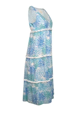 Sail to Sable - White w/ Blue & Turquoise Coral Print Fringe Trim Dress Sz XS