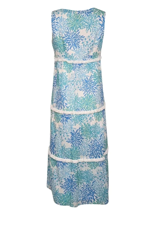 Sail to Sable - White w/ Blue & Turquoise Coral Print Fringe Trim Dress Sz XS