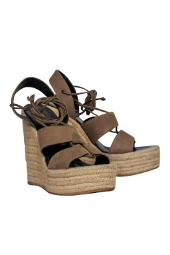 Saint Laurent - Beige Suede Platform Woven Wedges Sz 9.5