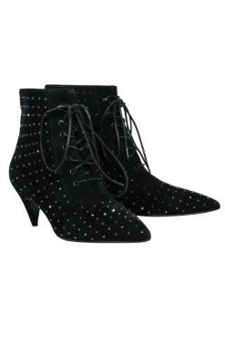 Saint Laurent - Black Suede Lace-Up Ankle Boots w/ Crystal Embellishments Sz 8