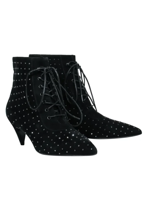 Saint Laurent - Black Suede Lace-Up Ankle Boots w/ Crystal Embellishments Sz 8
