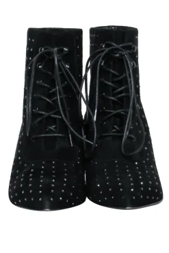 Saint Laurent - Black Suede Lace-Up Ankle Boots w/ Crystal Embellishments Sz 8