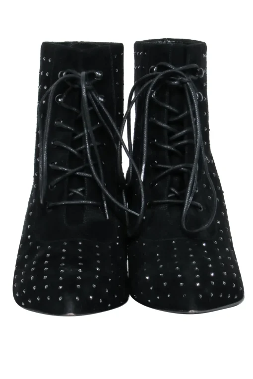 Saint Laurent - Black Suede Lace-Up Ankle Boots w/ Crystal Embellishments Sz 8