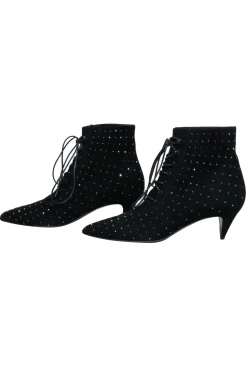 Saint Laurent - Black Suede Lace-Up Ankle Boots w/ Crystal Embellishments Sz 8