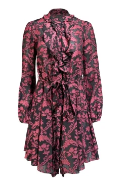Saloni - Black & Dark Pink Brocade Print Semi Sheer Dress Sz 0