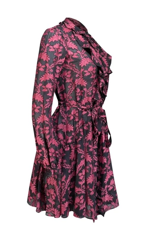 Saloni - Black & Dark Pink Brocade Print Semi Sheer Dress Sz 0