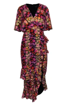 Saloni - Black w/ Pink, Orange & Gold Floral Print Maxi Dress Sz 8