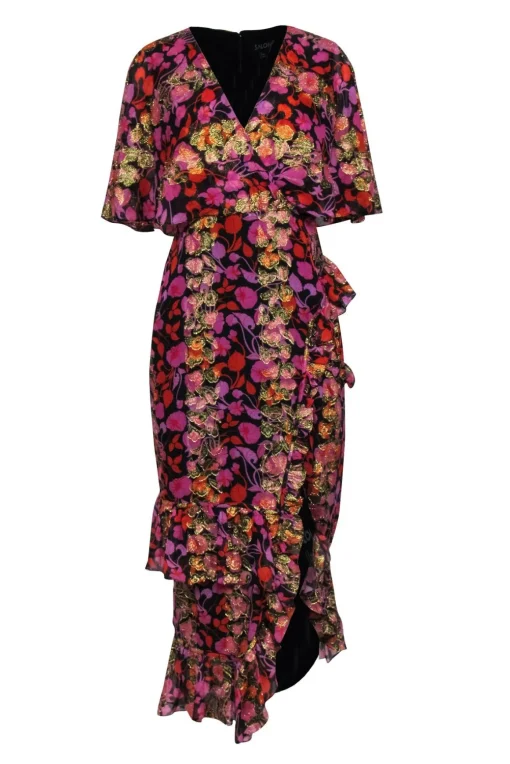 Saloni - Black w/ Pink, Orange & Gold Floral Print Maxi Dress Sz 8
