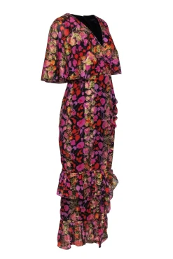 Saloni - Black w/ Pink, Orange & Gold Floral Print Maxi Dress Sz 8