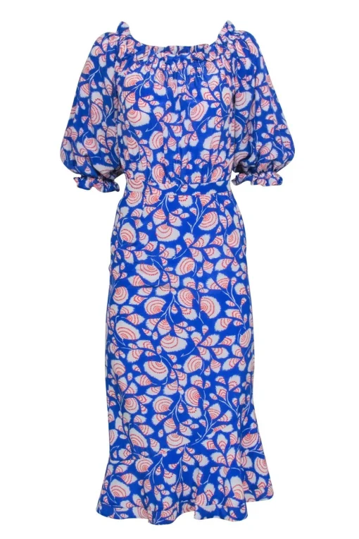 Saloni - Blue, White, & Red Print Key Hole Back Dress Sz 2