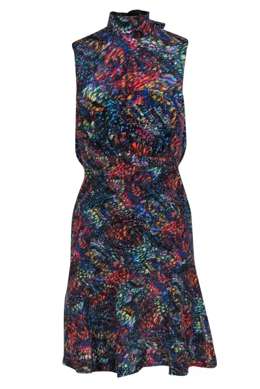 Saloni - Multicolor Printed Mock Neck Silk Open Back Dress Sz 0