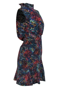 Saloni - Multicolor Printed Mock Neck Silk Open Back Dress Sz 0