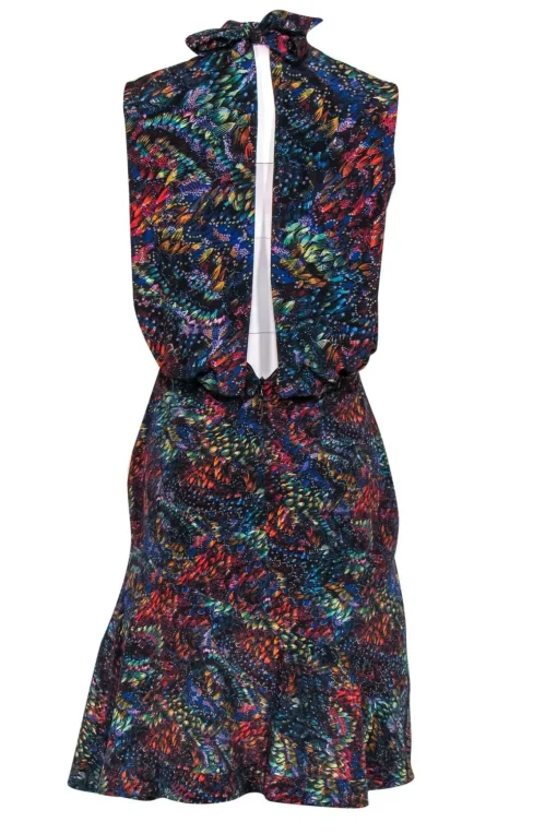 Saloni - Multicolor Printed Mock Neck Silk Open Back Dress Sz 0