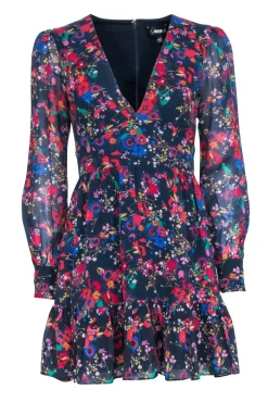 Saloni - Navy w/ Multi Color Floral Long Sleeve Dress Sz 4