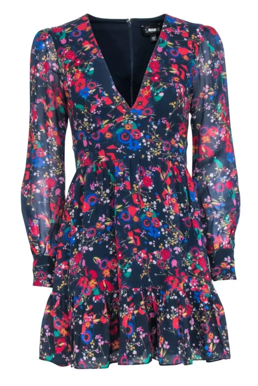 Saloni - Navy w/ Multi Color Floral Long Sleeve Dress Sz 4