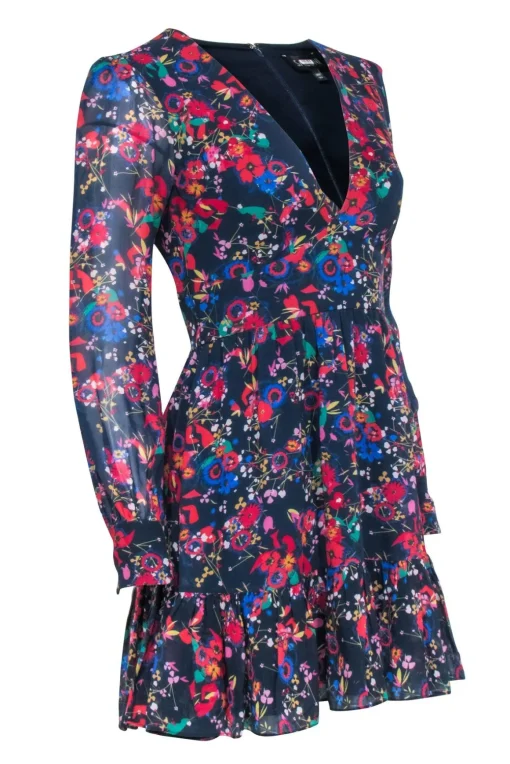Saloni - Navy w/ Multi Color Floral Long Sleeve Dress Sz 4