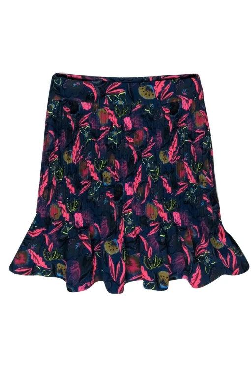 Saloni - Purple & Pink Floral Print Textured Ruffle Miniskirt Sz S