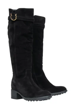 Salvatore Ferragamo - Black Suede Tall Boots w/ Fur Lining & Block Heel Sz 10