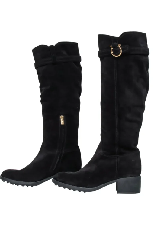 Salvatore Ferragamo - Black Suede Tall Boots w/ Fur Lining & Block Heel Sz 10