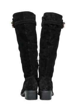 Salvatore Ferragamo - Black Suede Tall Boots w/ Fur Lining & Block Heel Sz 10